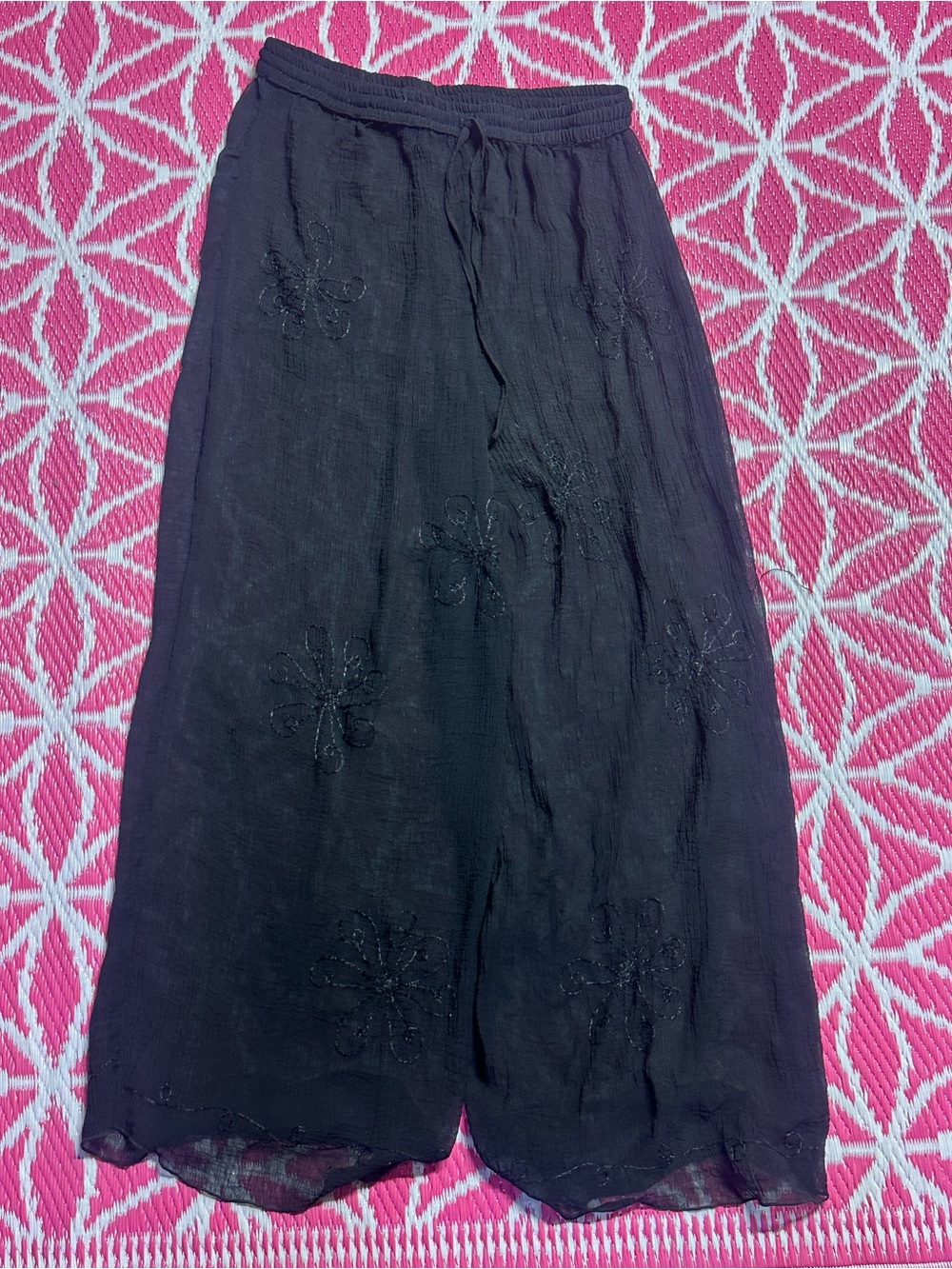 Surface Black Sheer Crinkle Wide Leg Pants Floral Embroidered Drawstring Size M